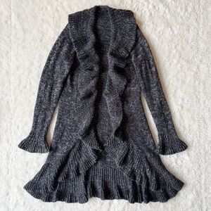 Katherine Barclay Woman Black Waterfall Ruffle Open Long Cardigan LARGE Fairy